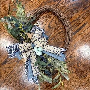 Blue & Natural Grapevine Wreath with Patterned Bow